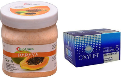 

Biocare Papaya Scrub 500ml and Oxylife Creme Bleach Natural radiance5 27G(Set of 2)