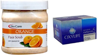 BIOCARE Orange Face Scrub 500ml and Oxylife Creme Bleach Natural radiance5 27G(2 Items in the set)