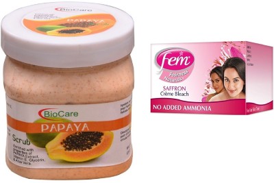 BIOCARE Papaya Scrub 500ml and Fem Saffron Crème Bleach 64g(2 Items in the set)