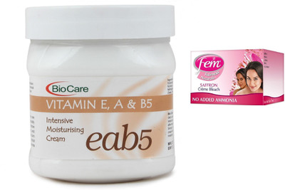 

Biocare Vitamin E, A & B5 Cream 500ml and Fem Saffron Crème Bleach 64g(Set of 2)