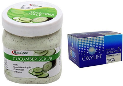 

Biocare Cucumber Scrub 500ml and Oxylife Creme Bleach Natural radiance5 27G(Set of 2)