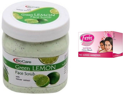 

Biocare Green Lemon Face Scrub 500ml and Fem Saffron Crème Bleach 64g(Set of 2)
