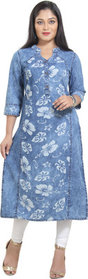 V DESIGNS Women Floral Print Straight Kurta(Light Blue)