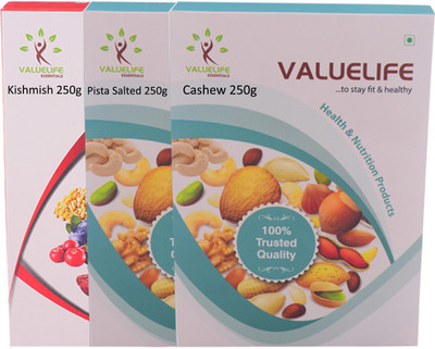 

Value Life Cashew Premium Salted Pistachios Kishmish Dry Fruits Combo of 3 - 250Grams (1 of Each) Cashews(750 g, Box)