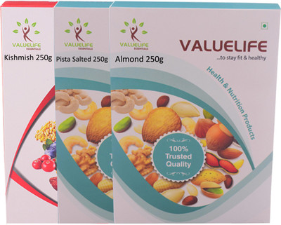 

Value Life American Special Almonds Salted Pistachios Kishmish Dry Fruits Combo of 3 - 250Grams (1 of Each) Almonds(750 g, Box)