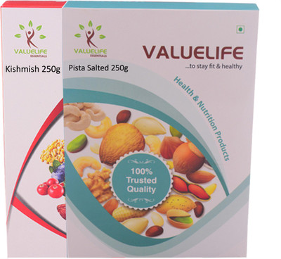 

Value Life Salted Pistachios Kishmish Dry Fruits Combo of 2 - 250Grams (1 of Each) Pistachios(500 g, Box)