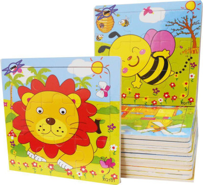 

TALKING GANESHA Wooden Puzzle Blocks for Children- Pack Of 12 Different Patterns With 9 Pieces Puzzles In A Frame Board (12 Pieces)(16 Pieces)