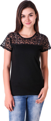 Fabx Casual Cap Sleeve Lace Women Black Top