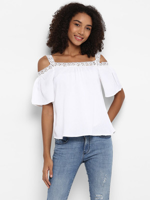 HARPA Casual Short Sleeve Solid Women White Top