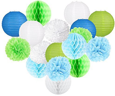 

Generic Mskei Pack of 18 8'' Blue Green White Paper Crafts Tissue Paper Honeycomb Balls Lanterns Paper Pom Poms Birthday Wedding Party Decoration