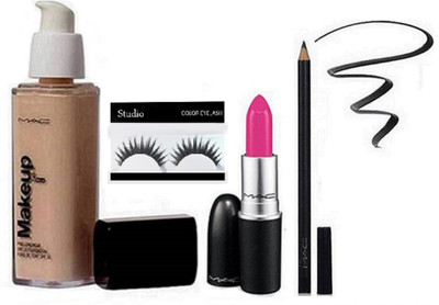 

studio Eyelashes , Mac makeup Moisture Foundation &pencil kajal with Candy Yum Yum Lipstick(Set of 4)
