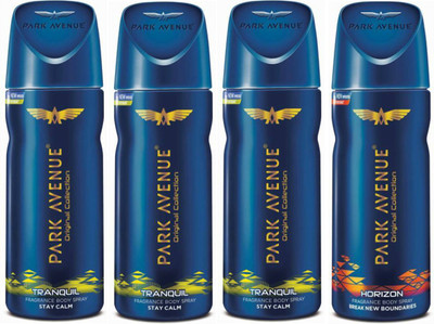 

Park Avenue 3 Tranquil and 1 Horizon Deodorant Combo Pack of 4 Deodorant Spray - For Men(520 ml, Pack of 4)