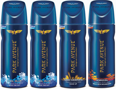 

Park Avenue 2 Cool Blue and 1 Good Morning and 1 Horizon Deodorant Combo Pack of 4 Deodorant Spray - For Men(520 ml, Pack of 4)