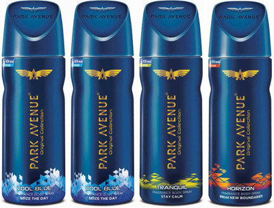 

Park Avenue 2 Cool Blue and 1 Tranquil and 1 Horizon Deodorant Combo Pack of 4 Deodorant Spray - For Men(520 ml, Pack of 4)