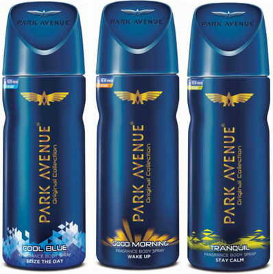 

Park Avenue 1 Cool Blue and 1 Good Morning and 1 Tranquil Deodorant Combo Pack of 3 Deodorant Spray - For Men(390 ml, Pack of 3)