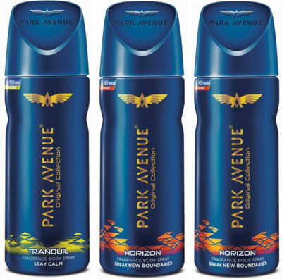 

Park Avenue 2 Tranquil and 1 Horizon Deodorant Combo Pack of 3 Deodorant Spray - For Men(390 ml, Pack of 3)