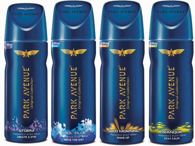 

Park Avenue 1 Storm and 1 Cool Blue and 1 Good Morning and 1 Tranquil Deodorant Combo for Men (Pack of 4) Deodorant Spray - For Men(520 ml, Pack of 4)