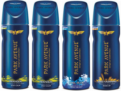 

Park Avenue 2 Tranquil and 1 Cool Blue and 1 Good Morning Deodorant Combo Pack of 4 Deodorant Spray - For Men(520 ml, Pack of 4)