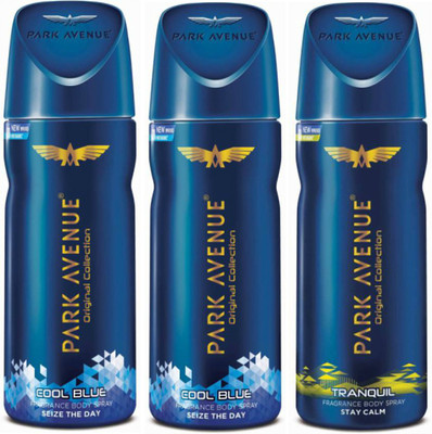 

Park Avenue 2 Cool Blue and 1 Tranquil Deodorant Combo Pack of 3 Deodorant Spray - For Men(390 ml, Pack of 3)