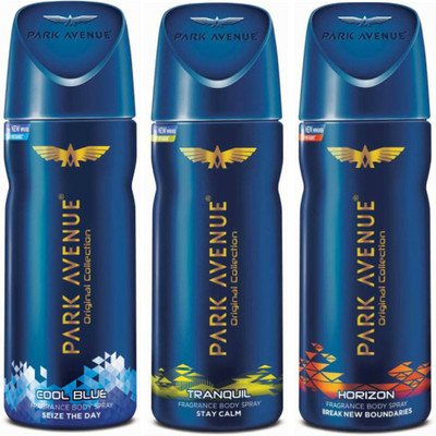 

Park Avenue 1 Cool Blue and 1 Tranquil and 1 Horizon Deodorant Combo Pack of 3 Deodorant Spray - For Men(390 ml, Pack of 3)