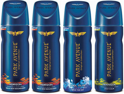 

Park Avenue 2 Horizon and 1 Cool Blue and 1 Tranquil Deodorant Combo Pack of 4 Deodorant Spray - For Men(520 ml, Pack of 4)