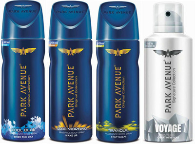 

Park Avenue 1 Cool Blue and 1 Good Morning and 1 Tranquil and 1 Voyage Deodorant Combo Pack of 4 Deodorant Spray - For Men(520 ml, Pack of 4)