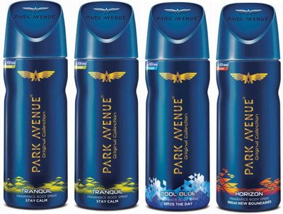 

Park Avenue 2 Tranquil and 1 Cool Blue and 1 Horizon Deodorant Combo Pack of 4 Deodorant Spray - For Men(520 ml, Pack of 4)