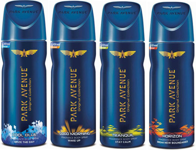 

Park Avenue 1 Cool Blue and 1 Good Morning and 1 Tranquil and 1 Horizon Deodorant Combo Pack of 4 Deodorant Spray - For Men(520 ml, Pack of 4)