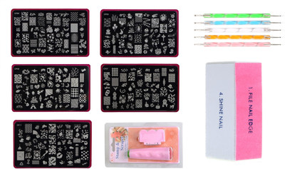 

Royalkart Nail Art Stamping Jumbo 5 Image Plates (CF Plate) With Double- Sided Stamper & Scraper, Nail Art buffer And 5 Pcs Double- Sided Dotting Tool(Multi)
