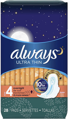 

Always Ultra Thin Overnight with Wings Unscented Pads 28 Count Pantyliner(Pack of 28)