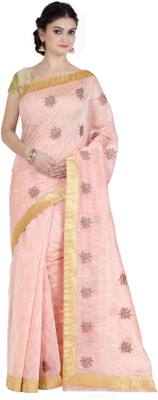 kamila creation Embroidered Banarasi Cotton Blend Saree(Pink)