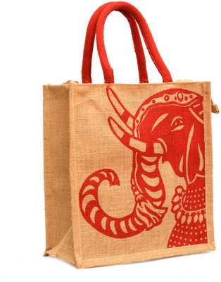 

AGGDA Natural Color Red Elephant Printed with Red Rope Handle Jute Burlap Lunch Tiffin Outdoor Handbag Bag Working Office Bag Waterproof Lunch Bag(Brown, 12 L)
