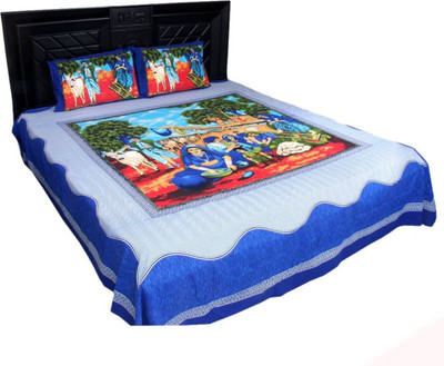 E ELMA Cotton Queen Flat 150 TC Printed Bedsheet(Pack of 1, Blue)
