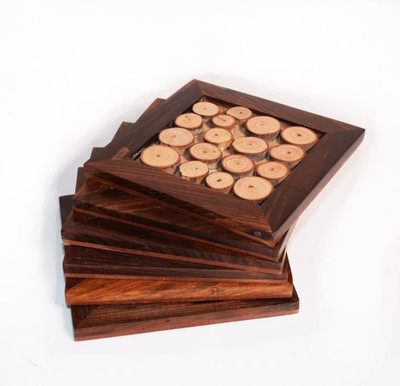 Hashcart Square Reversible Wood Coaster Set(Pack of 6)