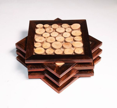 Hashcart Square Reversible Wood Coaster Set(Pack of 6)