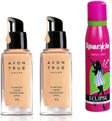 

Avon Anew two True Color Flawless Liquid Foundation SPF15 30g (one Cream Beige, one nude) With one sparkle perfume spray 150 ml(Set of 3)