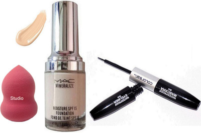 

studio sponge Puff , Mac Mineralize Moisture SPF 15 Foundation Broad Spectrum & Color bar 2 in 1 Liquid Eyeliner,Mascara(Set of 3)