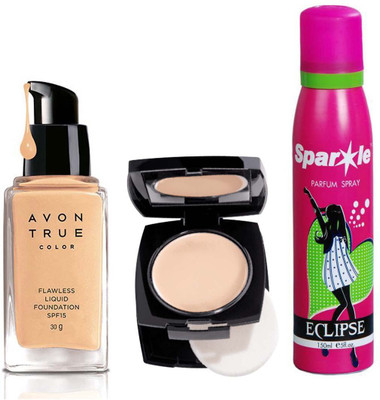 

Avon Anew one True Color Flawless Liquid Foundation SPF15 30g (Cream Beige) with one true color flawless mattifying pressed powder 11g (neutral fair) With one sparkle perfume spray 150 ml(Set of 3)