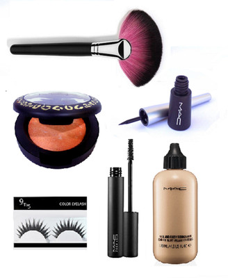 

9 to 5 Eyelashes & mineralize blusher with zoom lash mascara & liquid eyeliner with face and body foundation, makeup brush(Set of 6)