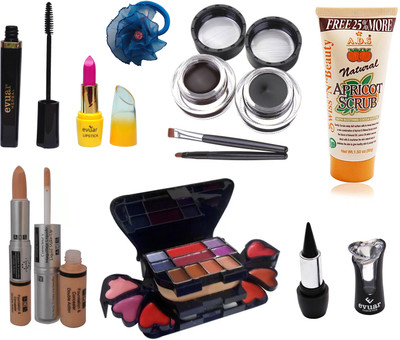 

Evuar Herbal Mascara, Lipstick, Gel Eyeliner, Scrub, Makeup Kit, Kajal, Foundation and Concealer (2 in 1) and Band(Set of 8)