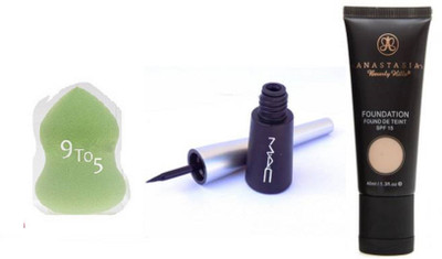 

9 to 5 sponge puff & Anastasia Beverly Hills foundation ,Mac liquid eyeliner(Set of 3)