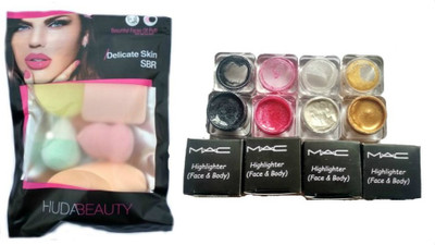 

Huda Beauty COMBO OF MAKE UP PUFF SPONGE (6 IN 1 SET) WITH FACE & BODY WET SHIMMER HIGHLIGHTER (4 SHADES FOR ALL SKIN)(Set of 5)