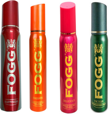 

Fogg VICTOR DEODORANT 120 ML+ DELICIOUS DEODORANT 120 ML+ RADIATE DEODORANT 120 ML+HAPPINESS DEODORANT 120 ML Deodorant Spray - For Men & Women(120 ml, Pack of 4)