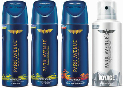 

Park Avenue Two Tranquil, One Horizon, One Voyage Signature Deodorant Combo for Men(Pack of 4) Deodorant Spray - For Men(400 g, Pack of 4)