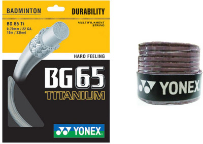 

Yonex Combo of two - One 'BG 65 Titanium' Badminton String Guage and one 'E tech' Badminton Grip (Color On Availability) - Badminton Kit