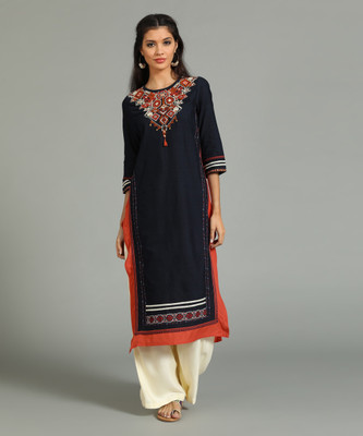W Women Embroidered Straight Kurta(Blue)