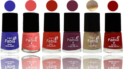 Fabia Exclusive Nail Polish Shock Blue-Salmon-Shock Orange Red-Mulberry-Gold-Bold Red(Pack of 6)