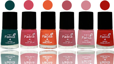 

Fabia Exclusive Nail Polish Dark Green-Shock Pink-Sour Orange-Mauve Pink-Rose-Reddish Red(Pack of 6)