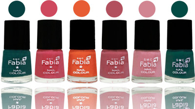 Fabia Exclusive Nail Polish Dark Green-Shock Pink-Sour Orange-Mauve Pink-Rose-Pine Green(Pack of 6)