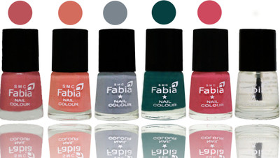 

Fabia Exclusive Nail Polish Bazooka Joe-Light Peach-Wild Gray Yonder-Dark Green-Shock Pink-Top Coat(Pack of 6)